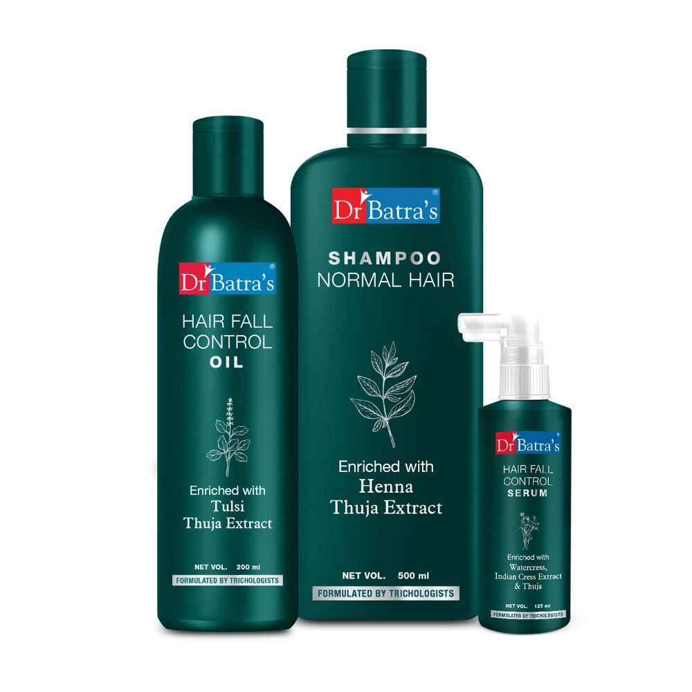 Buy Dr Batra's Hair Fall Control Serum-125 ml, Normal Shampoo - 500 ml and Hair Fall Control Oil- 200 ml          - Purplle