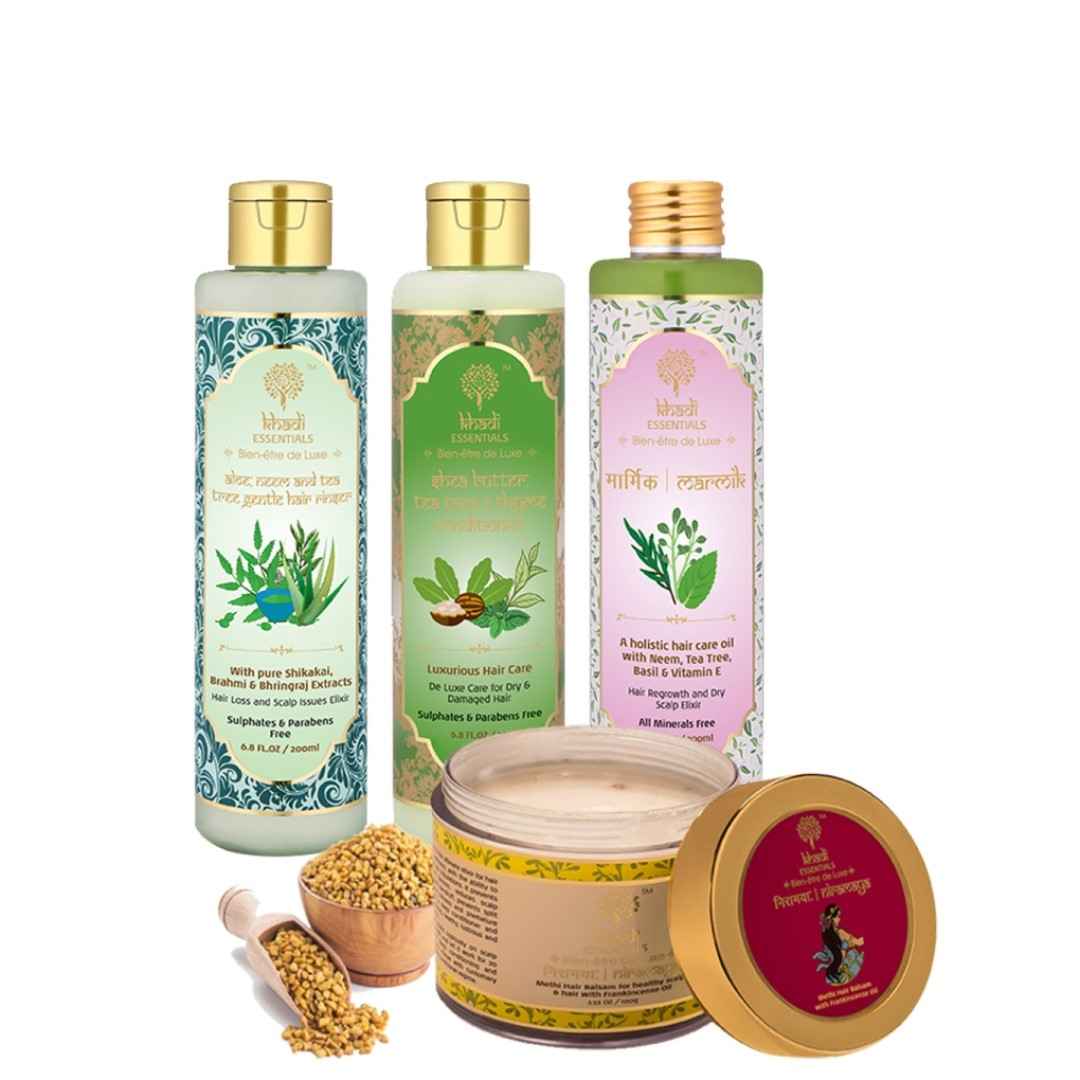 Buy Khadi Essentials Unisex Set of 5 Hair Growth Combo Aloe, Neem, Tea Tree Hair Rinser + Shea Butter, Tea Tree, Thyme Conditioner + Marmik Hair Growth Oil + Niramaya Methi Hait Mask. - Purplle