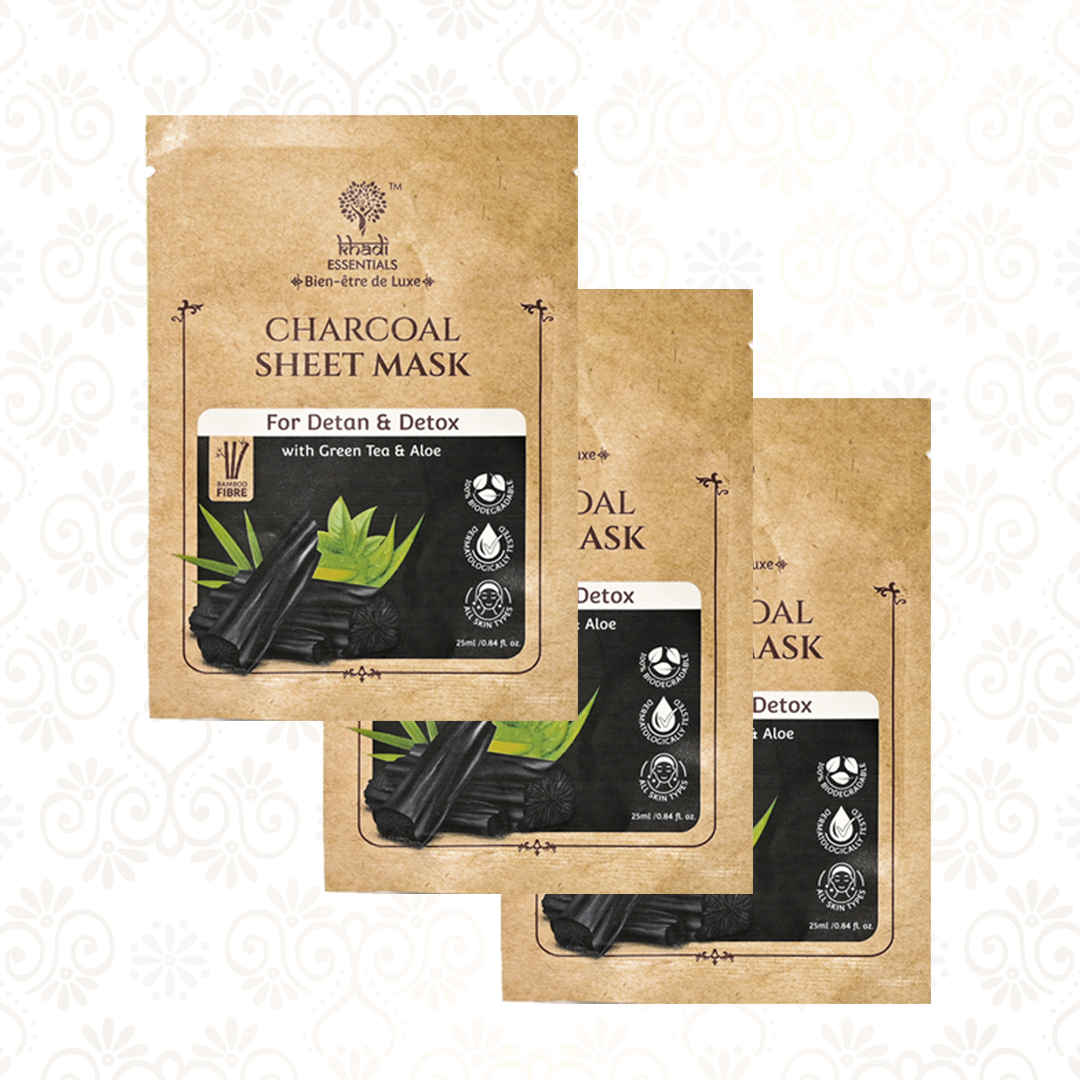 Buy Khadi Essentials Ayurvedic Charcoal Serum Sheet Mask For Detan & Detox with Green Tea, Aloe Vera, and Fermented Beans (Pack of 3*25g) - Purplle