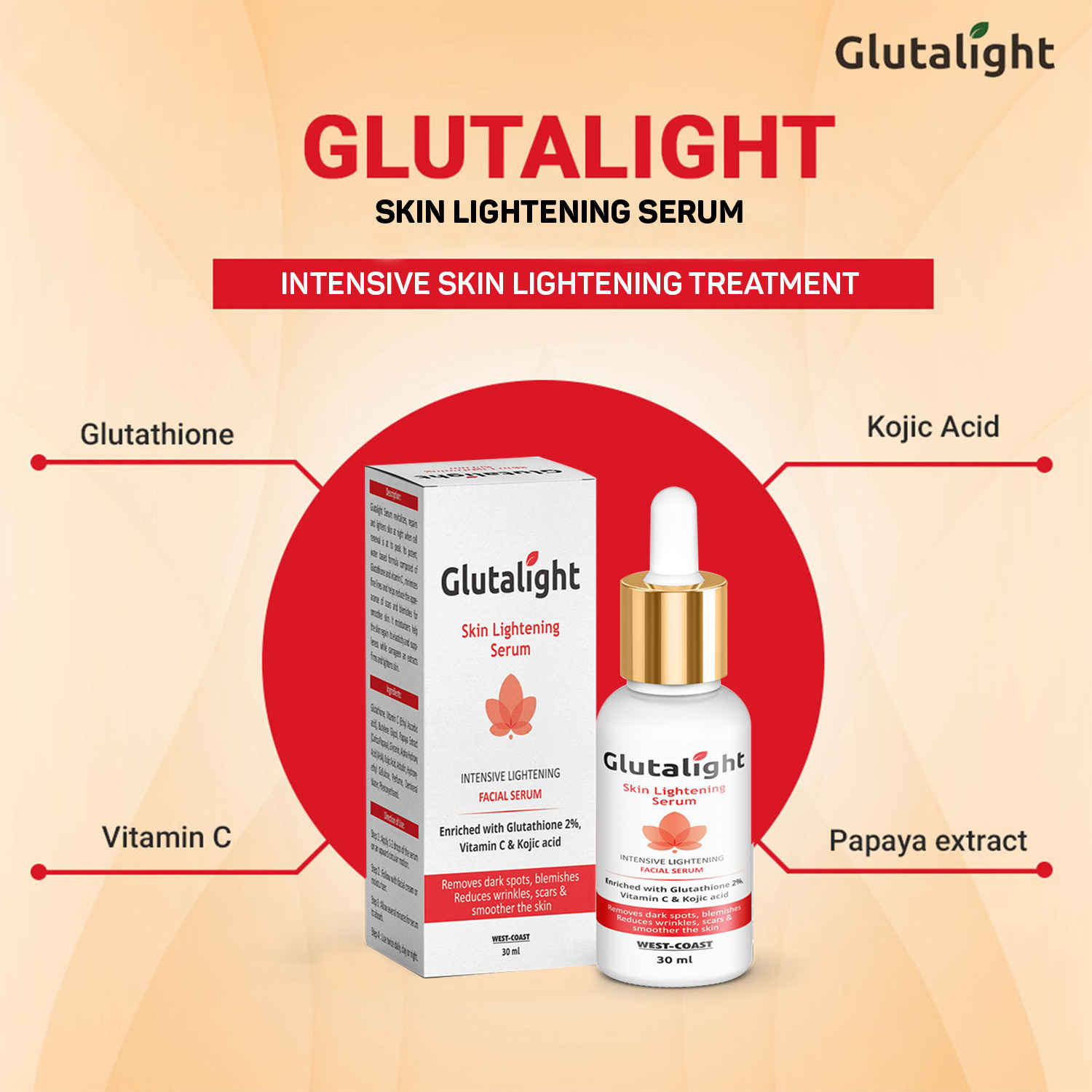 Buy Glutalight Glutathione, Vitamin C, Kojic Acid Skin Lightening, Brightening Serum 30ml - Purplle
