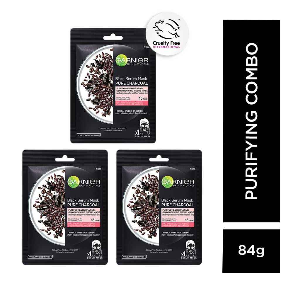 Buy Garnier Black Rice Pure Charcoal Black Serum Mask, Face Serum Sheet Mask for Women, 28g - Pack of 3 - Purplle