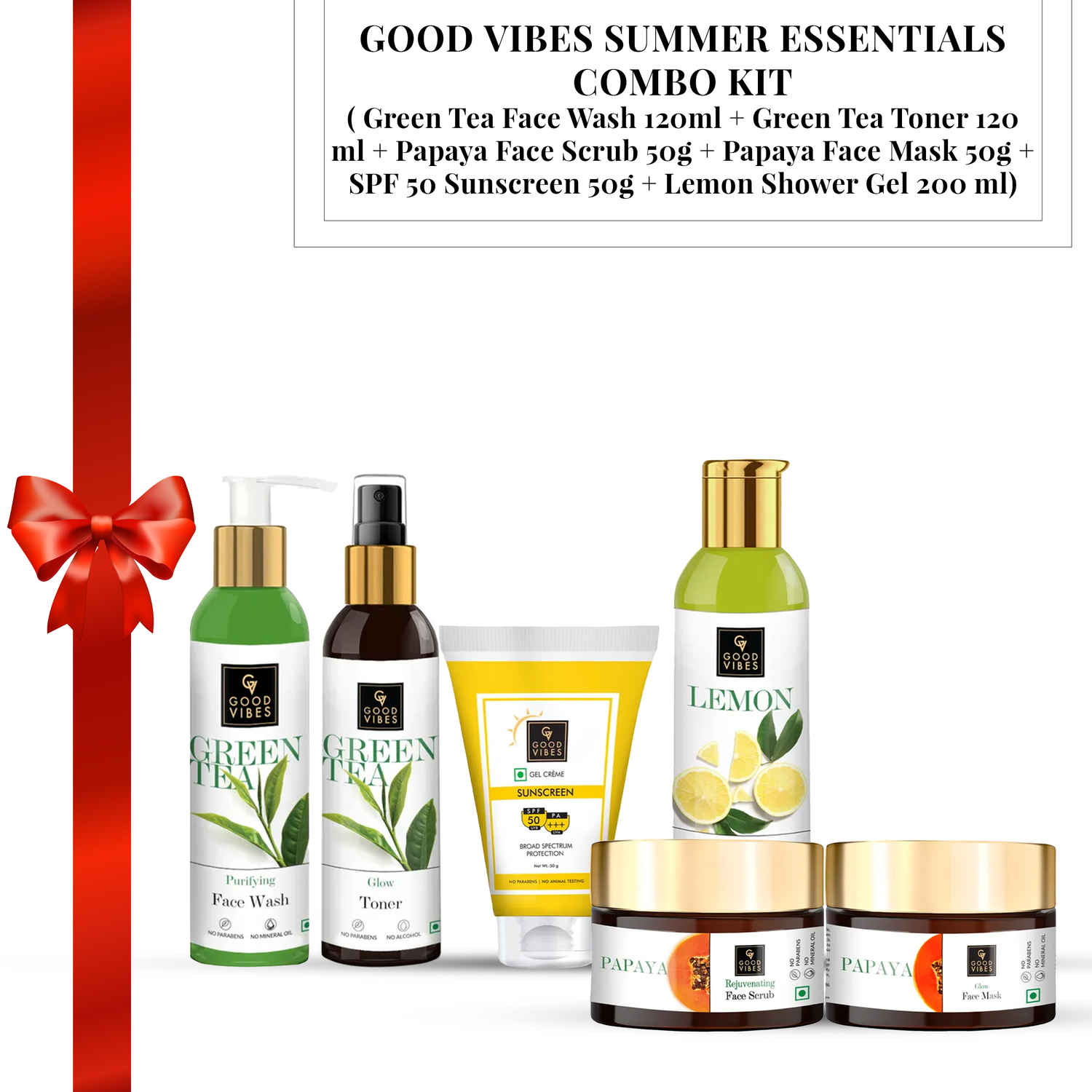 Buy Good Vibes Summer Essentials Combo Kit ( Green Tea Face Wash 120ml + Green Tea Toner 120 ml + Papaya Face Scrub 50g + SPF 50 Sunscreen 50g + Lemon Shower Gel 200 ml) - Purplle