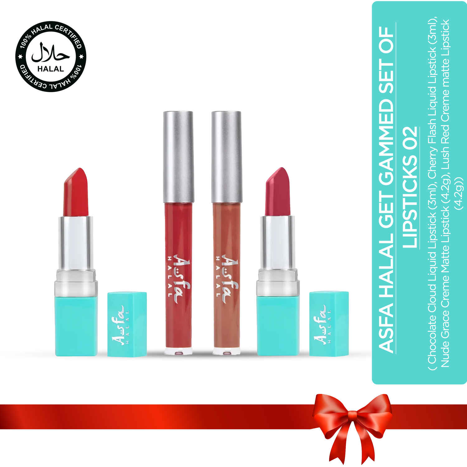 Buy Asfa Halal Get Gammed Set of Lipsticks 02 ( Chocolate Cloud Liquid Lipstick (3ml), Cherry Flash Liquid Lipstick (3ml), Nude Grace Creme Matte Lipstick (4.2g), Lush Red Creme matte Lipstick (4.2g)) - Purplle