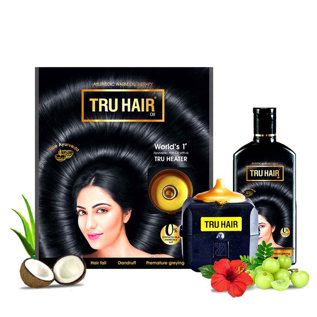 Buy Tru Hair Ayurvedic Hair Oil with Bhringraj, Amla & Hibiscus for Dandruff, Hairfall Control & Shiny Hair | Free Heater to heat the Oil |Contains 0% Parabens, Silicones & LLPs - 110 ML - Purplle