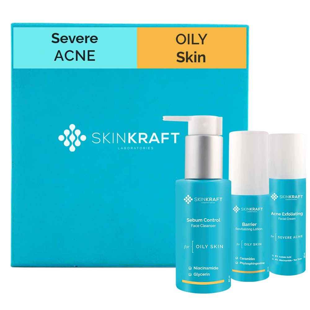 Buy SkinKraft Severe Acne kit For Oily Skin - Customized Acne Kit - 3 Product Kit- Oily Skin Cleanser + Oily Skin Moisturizer + Severe Acne Active Serum - Dermatologist Approved - Purplle
