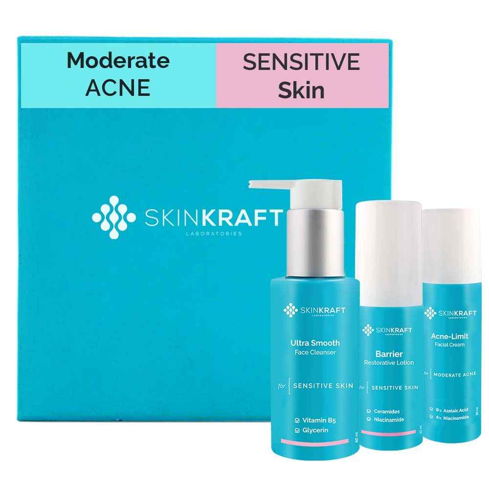 Buy SkinKraft Moderate Acne Kit For Sensitive Skin - Customized Acne Kit - 3 Product Kit- Sensitive Skin Cleanser + Sensitive Skin Moisturizer + Moderate Acne Active Serum - Dermatologist Approved - Purplle