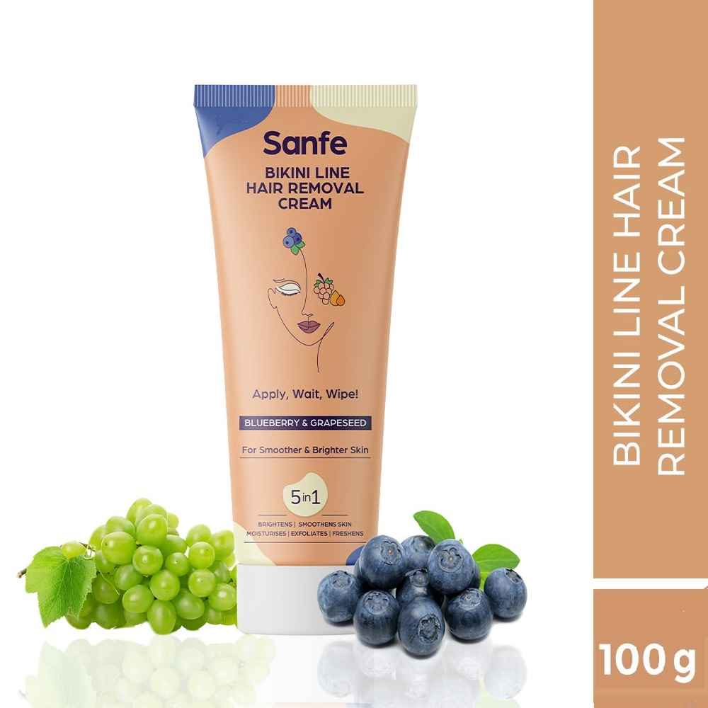Buy Sanfe Bikini Line Hair Removal Cream for Women's Hair Removal for smoother & Brighter - 100gm with Blueberry and Grape seed extracts | Antioxidant & healing properties | intimate hair removal cream | underarm hair removal cream | Hair removal Cream - Purplle