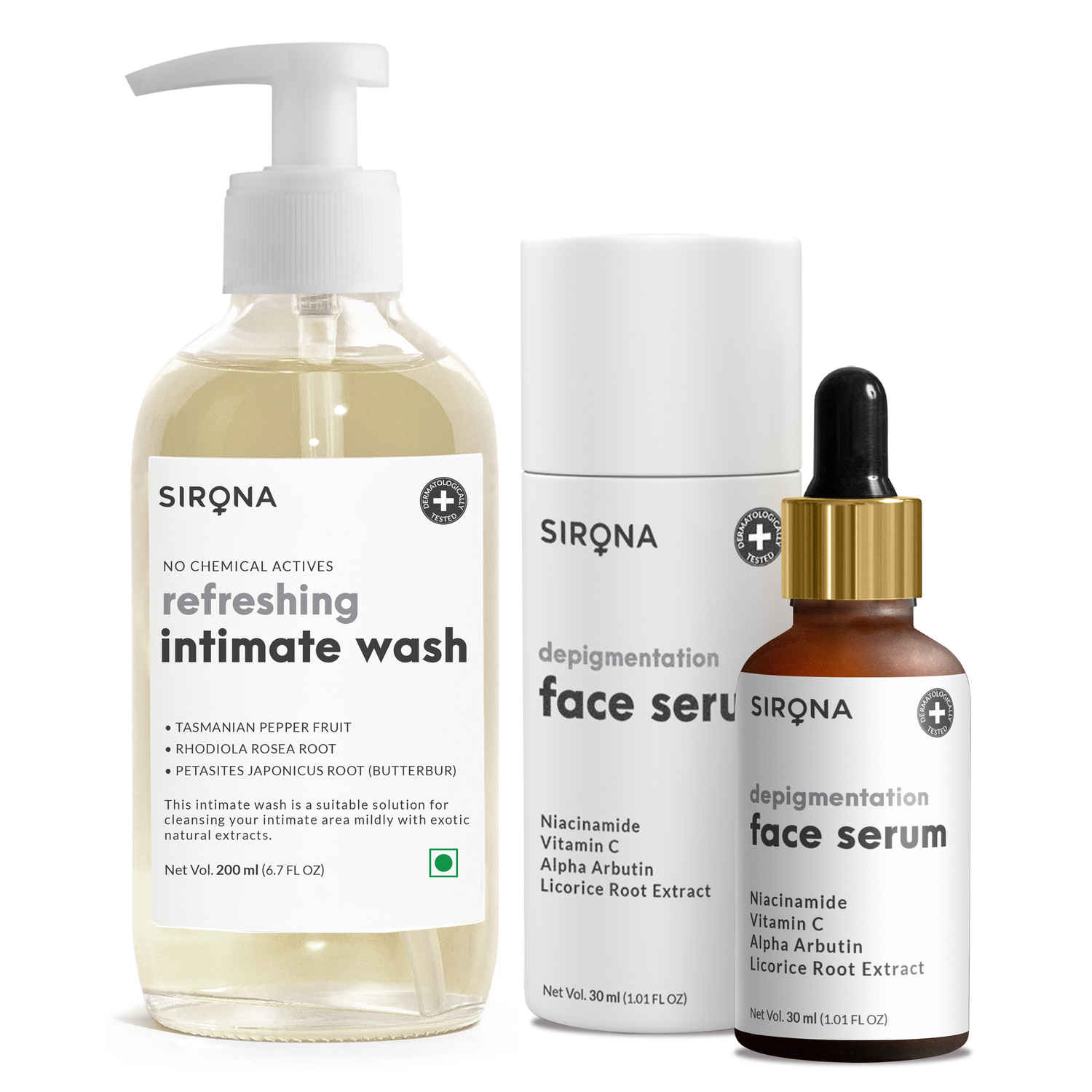 Buy Sirona Refreshing Intimate Wash with Depigmentation Face Serum - Purplle