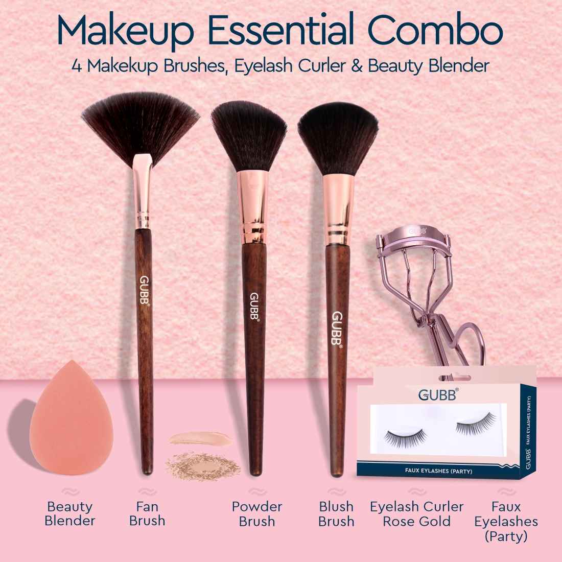 Buy GUBB Makeup Essentials Combo - Professional Beauty Blender, Eyelash Curler Rose Gold, Eyelash Set, Powder Brush, Fan Brush & Blush Brush - Purplle