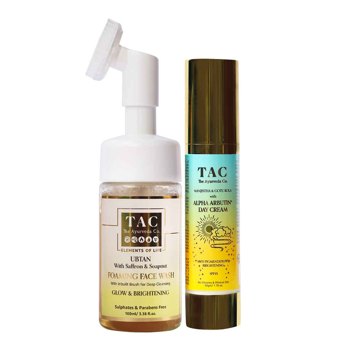 Buy TAC- The Ayurveda Co. Manjistha & Gotu Kola with Alpha Arbutin* Day Cream SPF 15 (50g) with Ubtan with Ginseng Foaming Face 100ml Wash for Skin Brightening - Purplle