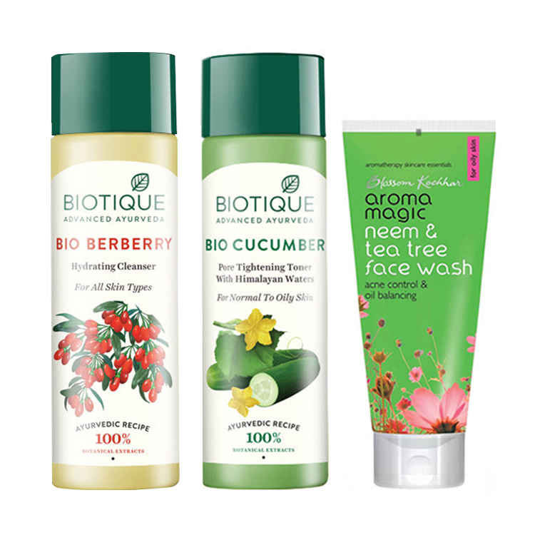 Buy Aroma Magic Neem & Tea Tree Face Wash (100 ml) & Biotique Bio Berberry Hydrating Cleanser (120 ml) &Biotique Bio Cucumber Pore Tightening Toner With Himalaya Waters (120 ml) - Purplle