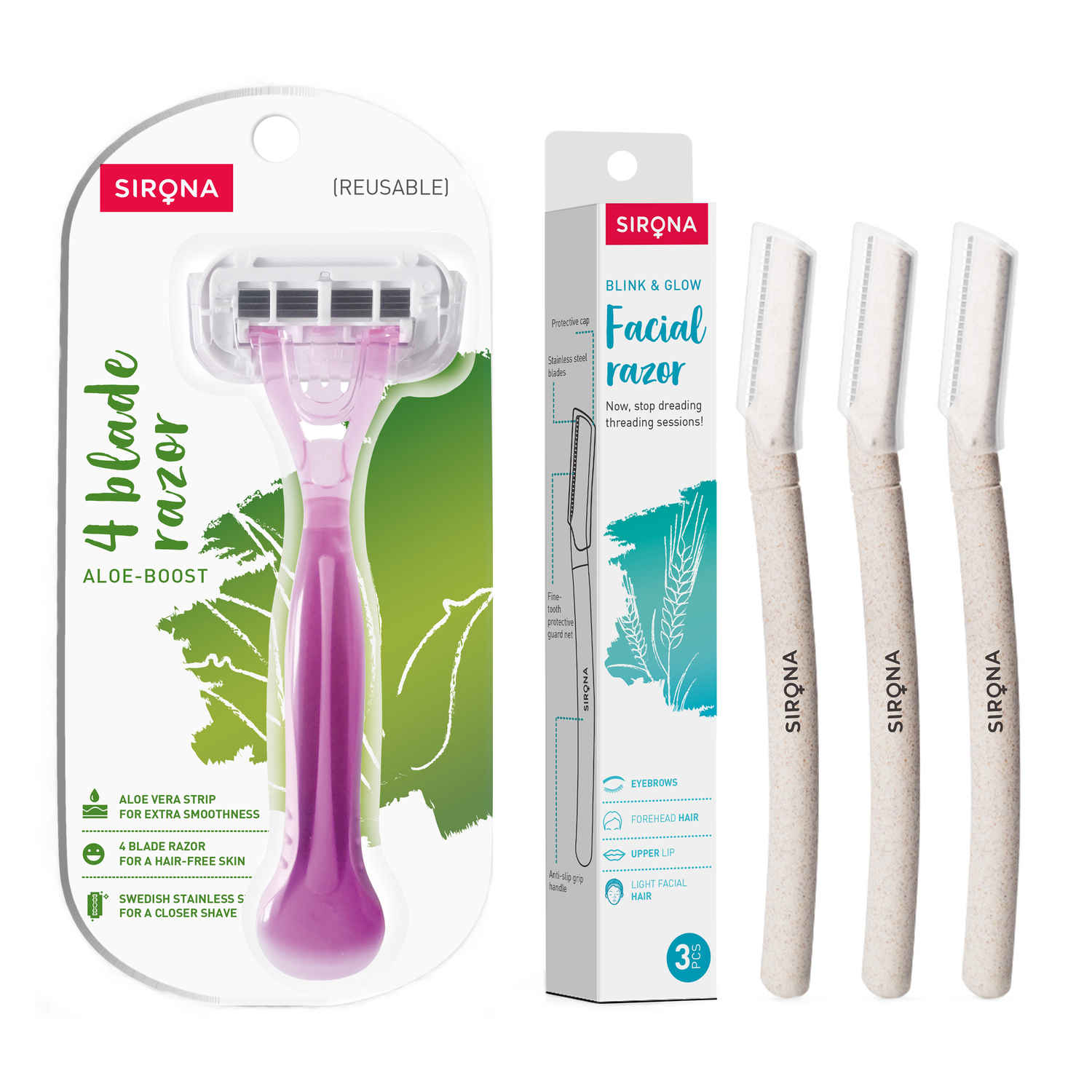 Buy Sirona 4 Blade Reusable Razor for Women - 1 Unit with Blink and Glow Face Razor - 3 Razors - Purplle