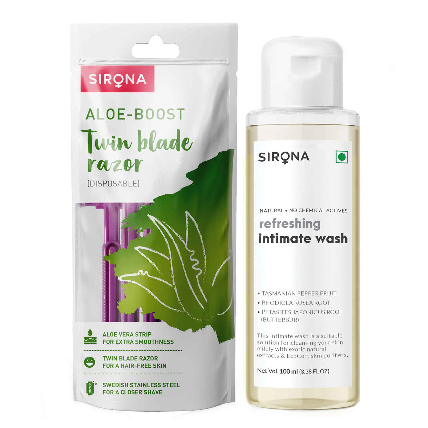 Buy Sirona 2 Blade Disposable Razor with Sirona Refreshing Intimate Wash - 2 Pcs - Purplle
