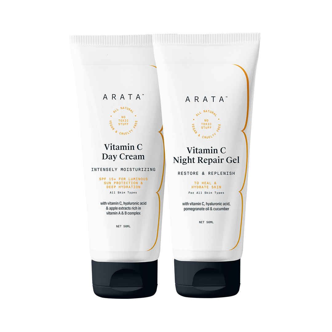 Buy Arata Vitamin CA Protection Combo With Vitamin C Day Cream (50 ML) & Vitamin C Night Repair Gel (50 ML) | With SPF 15+ | Infused With Hyaluronic Acid, Apple, Pomegranate & Cucumber | All Skin Types | All-Natural, Non-Toxic - Purplle