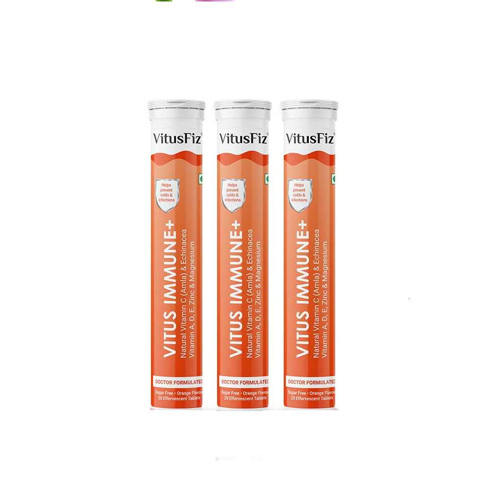 Buy Vitus Immune+ (Pack of 3) | Immunity Booster and Multivitamin | Natural Amla (Vitamin C) and Echinacea | 60 effervescent tablets - Purplle