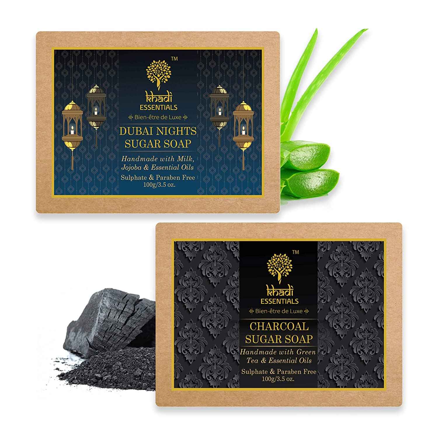 Buy Khadi Essentials Combo of Dubai Nights Sugar Soap 100gm + Charcoal Sugar Soap 100gm For Deep Cleanse, Skin Whitening and De-Tan - Purplle