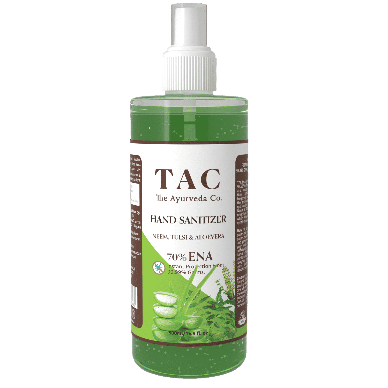 Buy TAC - The Ayurveda Co. Instant Hand Sanitizer 500ml with 70% Ethyl Alcohol, Neem, Tulsi & Aloe Vera Extracts with Glycerine (500ml) - Purplle