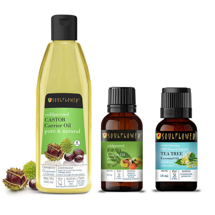 Buy Soulflower Jojoba Oil, Castor Oil & Tea Tree Essential Oil Pure & Natural for Acne Prone Skin Combo 3 gm - Purplle