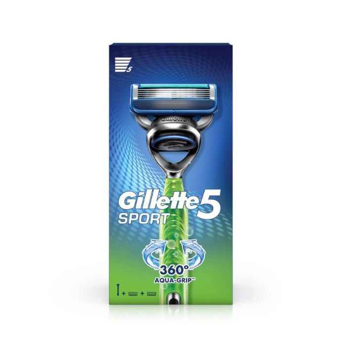 Buy Gillette Sport 5-Blade No Slip Aquagrip Men's Razor + 2 Cartridge - Purplle