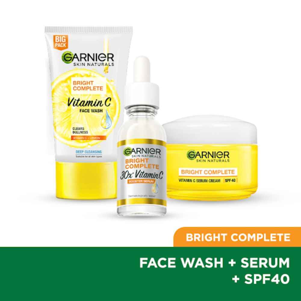 Buy Garnier VITAMIN C Gift Box (Bright Complete Brighgtening Facewash 150g, Bright Complete Vitamin C Serum 30ml, Bright Complete Serum Cream SPF 40 45g, Bright Complete Vitamin C Serum Mask (28g) - Purplle