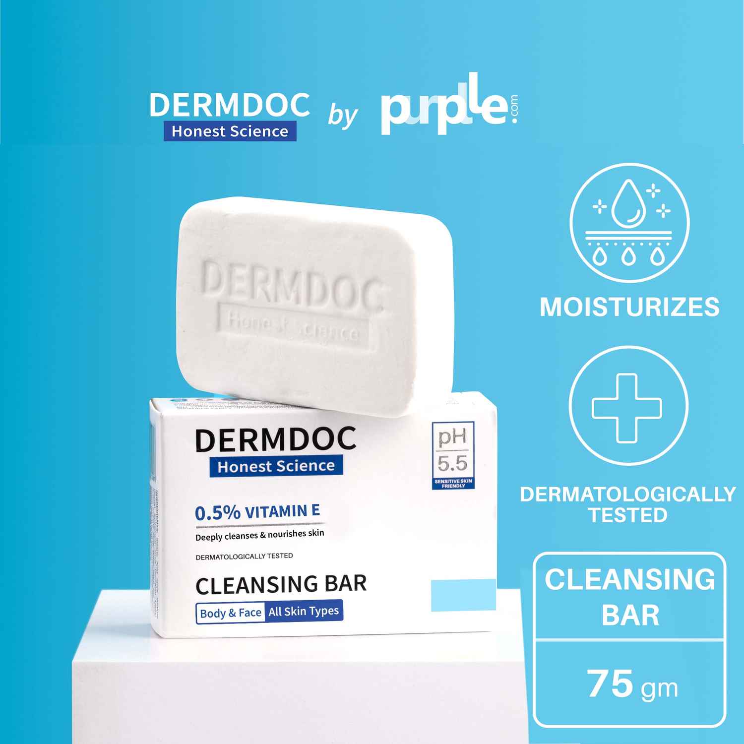 Buy DermDoc by Purplle 0.5% Vitamin E Cleansing Bar (75g) | Soap Free, Alkali Free | Mild, Gentle Cleansing Soap, Moisturising Soap, pH 5.5 Soap - Purplle