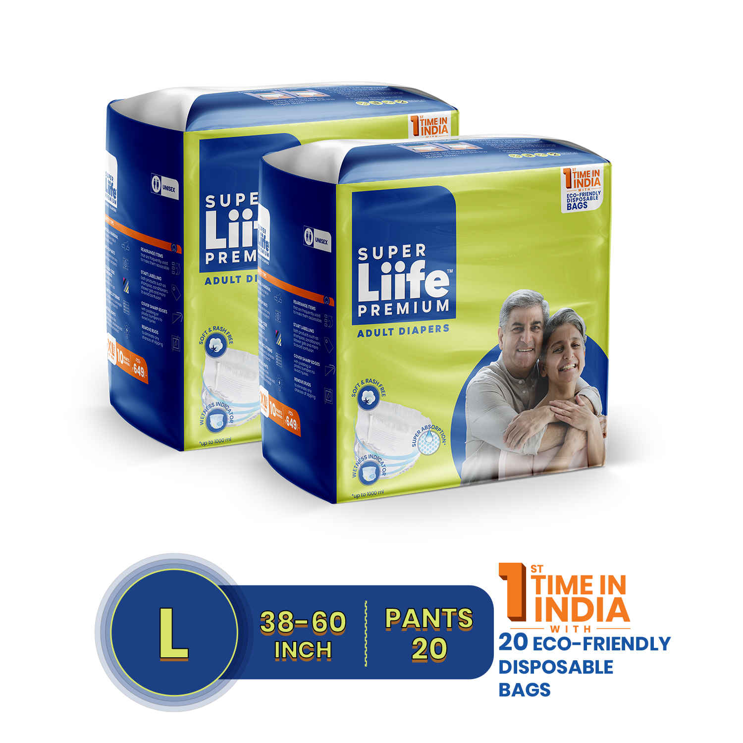 Buy Super Liife Rash Free Adult Diapers (Pants Style) - 20 Count (Medium) with Wetness Indicator and Disposable bags- Waist Size 28-44 inch ; 71-111.8 cm - Purplle