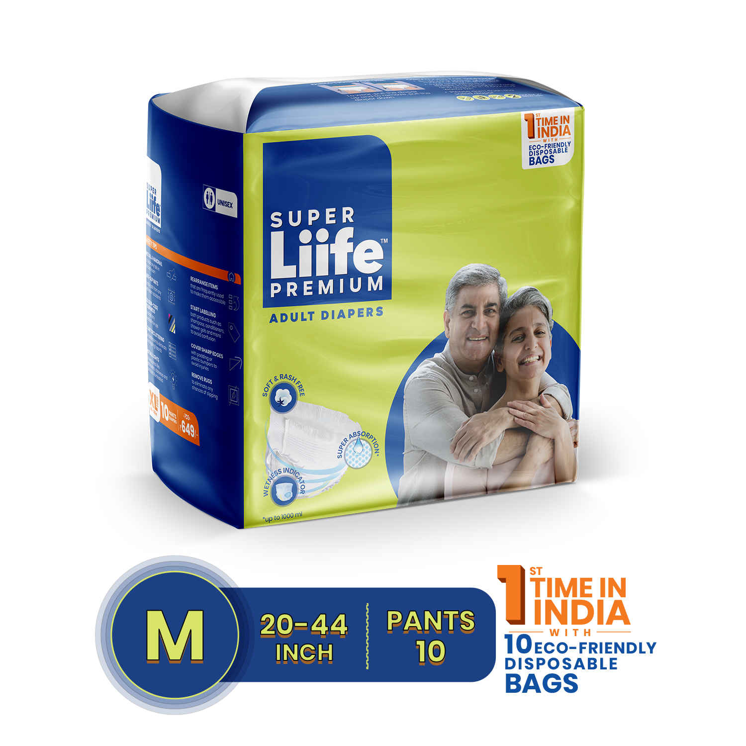 Buy Super Liife Rash Free Adult Diapers (Pants Style) - 10 Count (Large) with Wetness Indicator and Disposable bags- Waist Size 38-54 inch ; 96.5-137 cm - Purplle