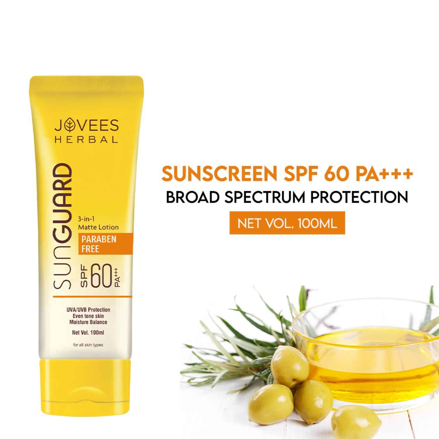 Buy Jovees Herbal Sun Guard Lotion SPF 60 PA++++ | 3 in 1 Matte Lotion | Daily Use, UVA/UVB Protection, Moisture Balance, Even Tone Skin | Boot star 4 Rating | For Women/Men | Paraben and Alcohol Free | 100ML - Purplle