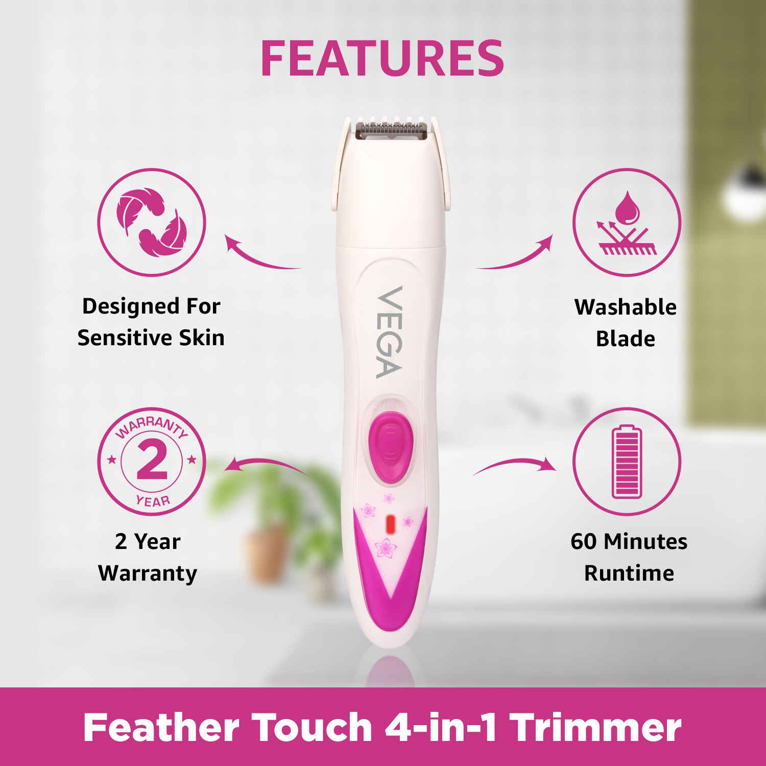 Buy VEGA Feather Touch 4 In 1 Trimmer for Women: Suitable for Trimming Eyebrows, Nose, Face & Private Area (VHBT-03), White - Purplle