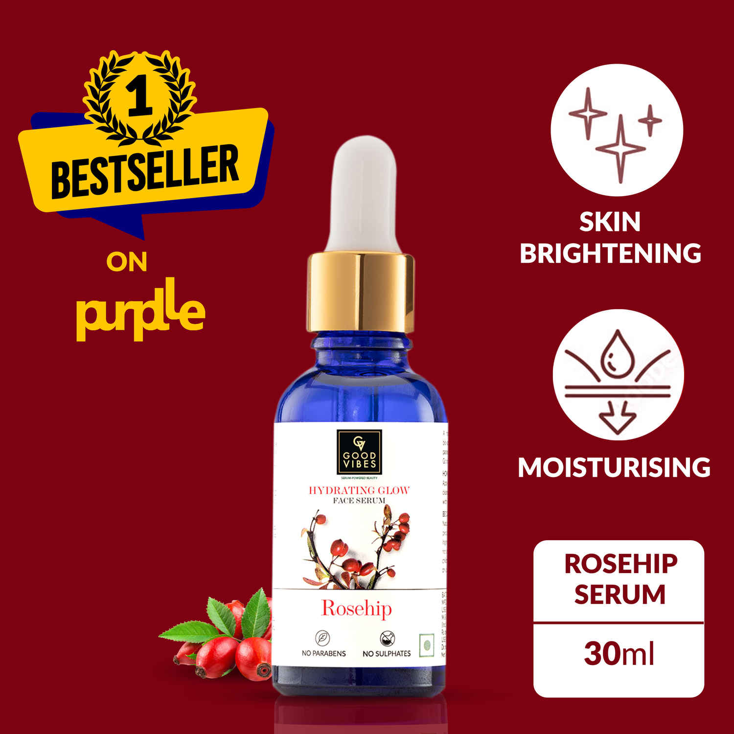 Buy Good Vibes Rosehip Radiant Glow Face Serum | Light, Non-Sticky, Brightening | With Vitamin E | No Parabens, No Sulphates, No Animal Testing (30 ml) - Purplle