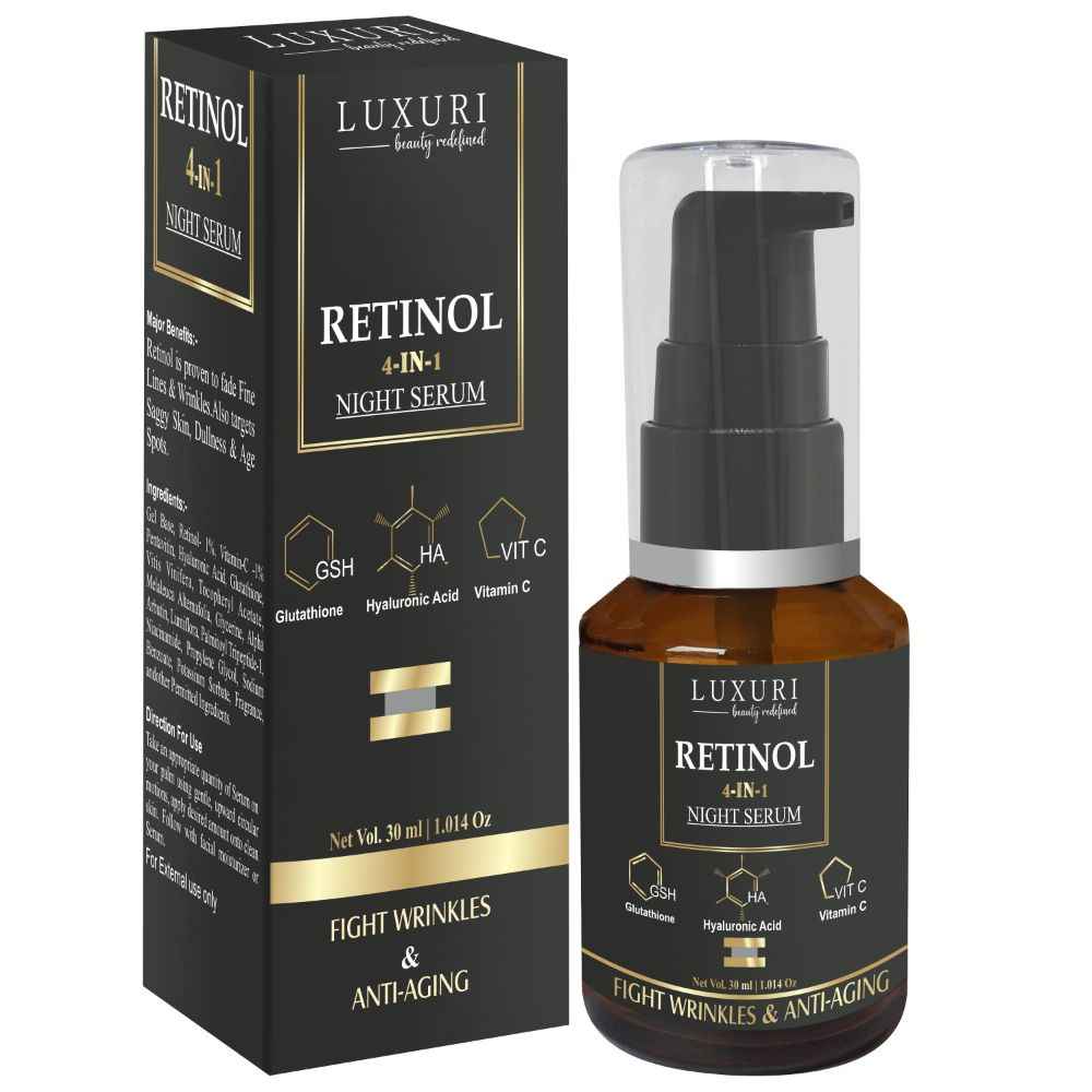 Buy LUXURI Retinol 4-In-1 Face Serum, Serum for Anti Aging, Night Face Serum with Retinol & Glutathione, Hyaluronic, Vitamin C - 30 ml, Small - Purplle