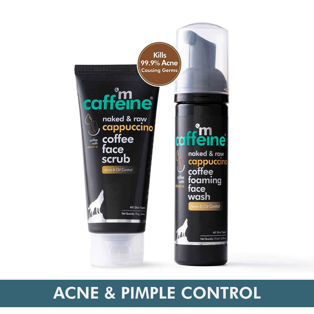 Buy mCaffeine Acne and Pimples Controlling Face Wash & Face Scrub Combo | Cappuccino Coffee Facial Kit Pack of 2 (150ml) | Kills 99.9% Acne Causing Germs 150 ml - Purplle