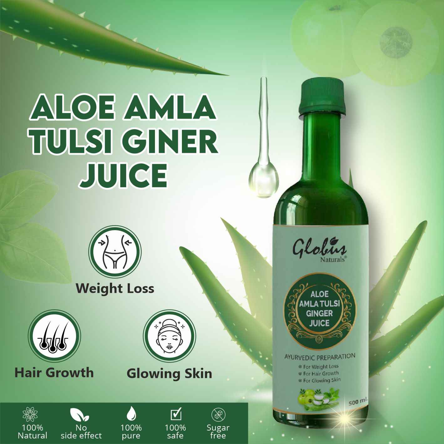 Buy Globus Naturals Immunity Booster Aloevera Amla Tulsi Ginger Juice |For Glowing Skin|For Hair Growth|For Weight Loss | 500 Ml - Purplle