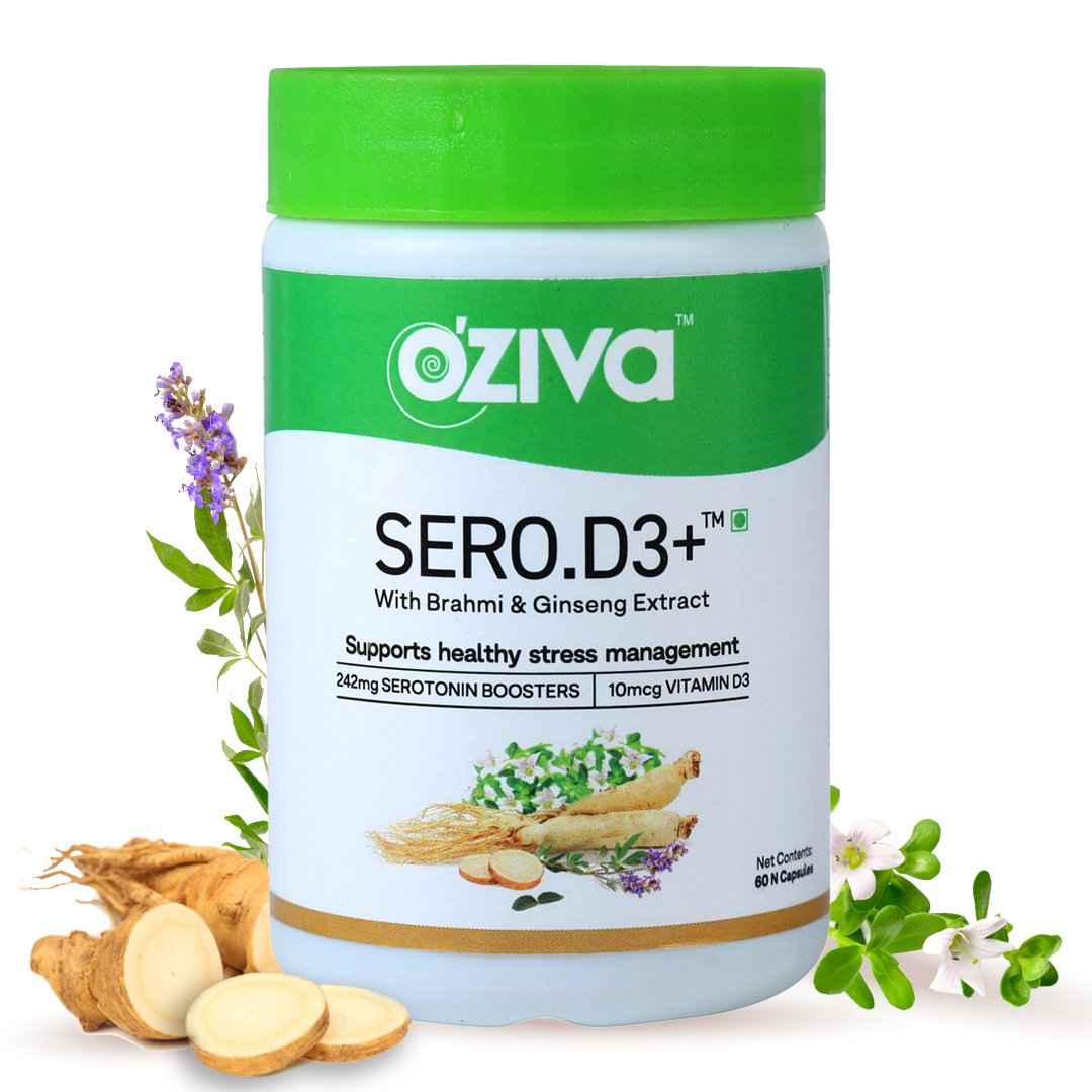 Buy OZiva Sero.D3+ (Serotonin boosters with Vitamin D3, Brahmi & Ginseng Extract) for Stress & Anxiety Relief, 60 Veg Capsules - Purplle