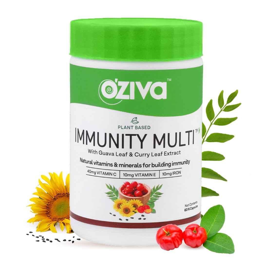 Buy OZiva Plant Based Immunity Multi with Multivitamins A, C, D3, E, Minerals Iron, Zinc, Guava Leaf & Curry Leaf extracts, to boost immunity, - Purplle