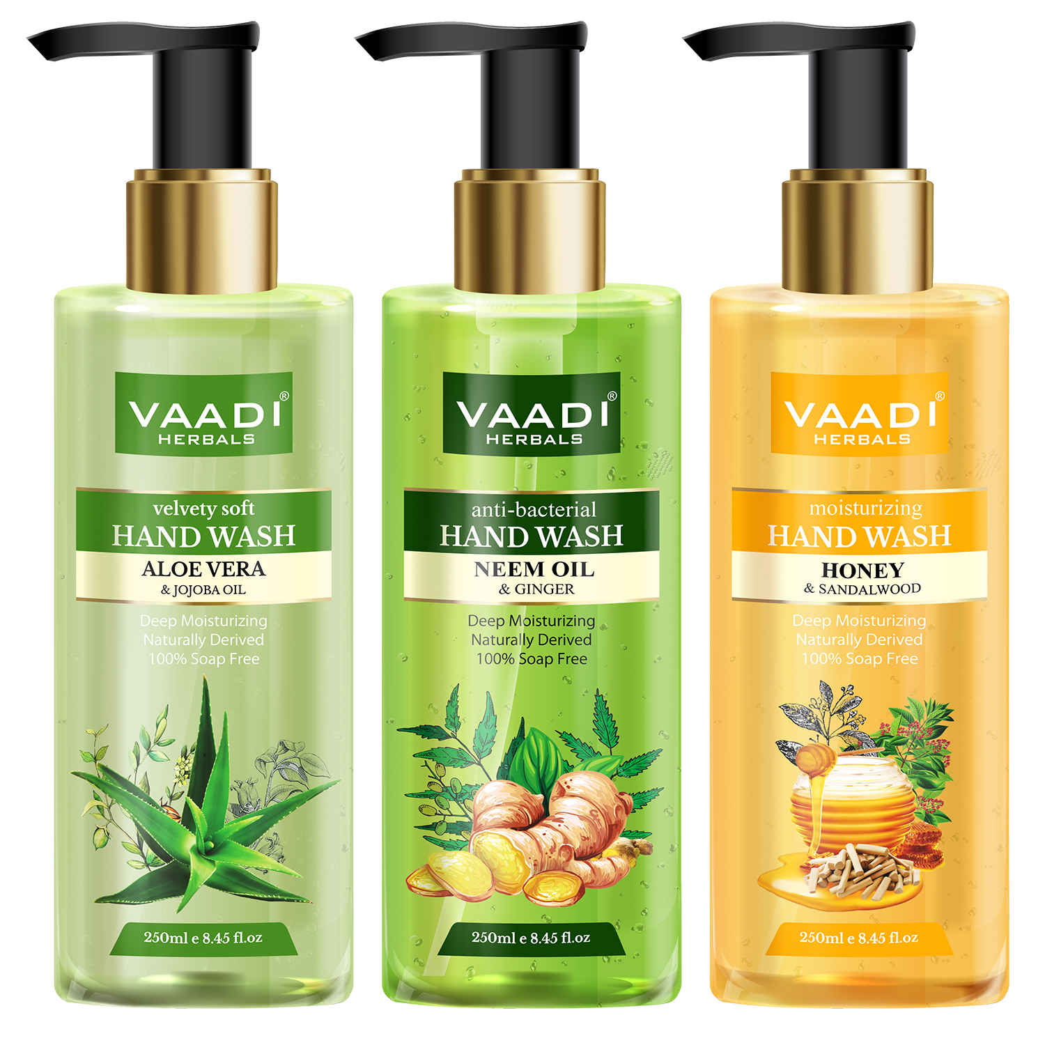 Buy Vaadi Herbals Pack of 3 Luxurious Handwash - Aloe Vera & Jojoba Oil, Neem Oil & Ginger, Honey & Sandal (250 ml x 3) - Purplle