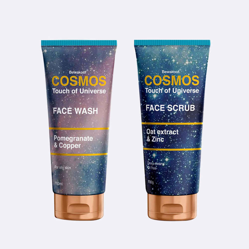 Buy Cosmos by Bewakoof Face Scrub Oat Extract & Zinc AND Face Wash with Pomegranate & Copper Combo - Purplle