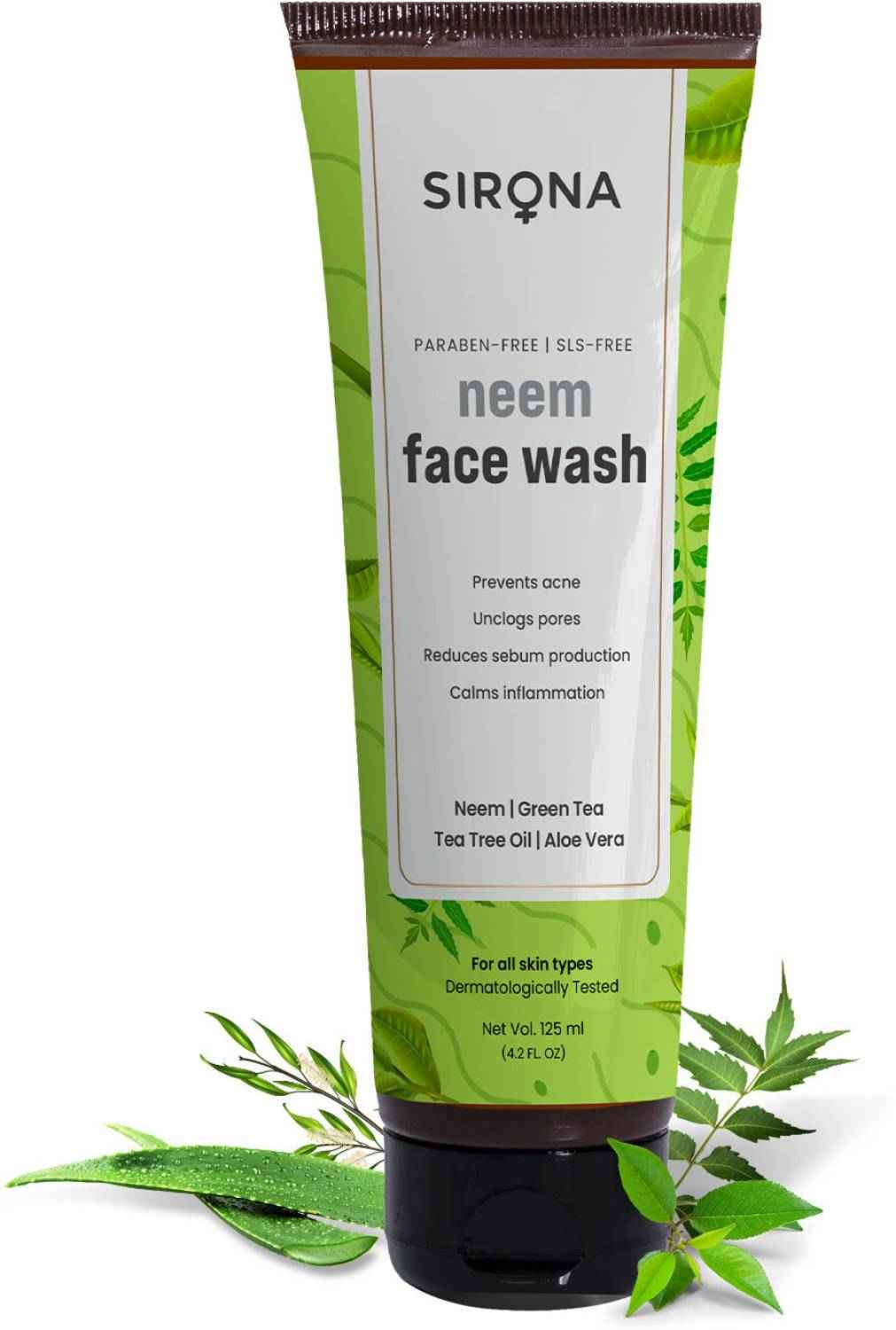 Buy Sirona Neem Face Wash for Men & Women a€“ 125 ml with Neem, Green Tea, Tea Tree Oil & Aloe Vera | for Unclogs pores, Reduces sebum production & Calms inflammation - Purplle