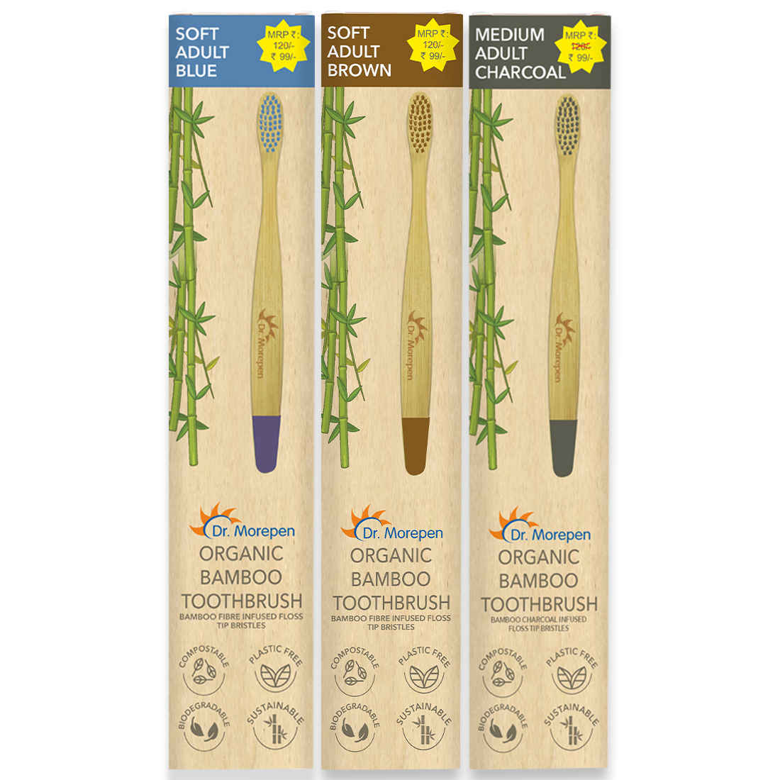 Buy DR. MOREPEN Organic Bamboo Toothbrush For Adults - Blue, Brown & Charcoal 3 Pcs - Purplle