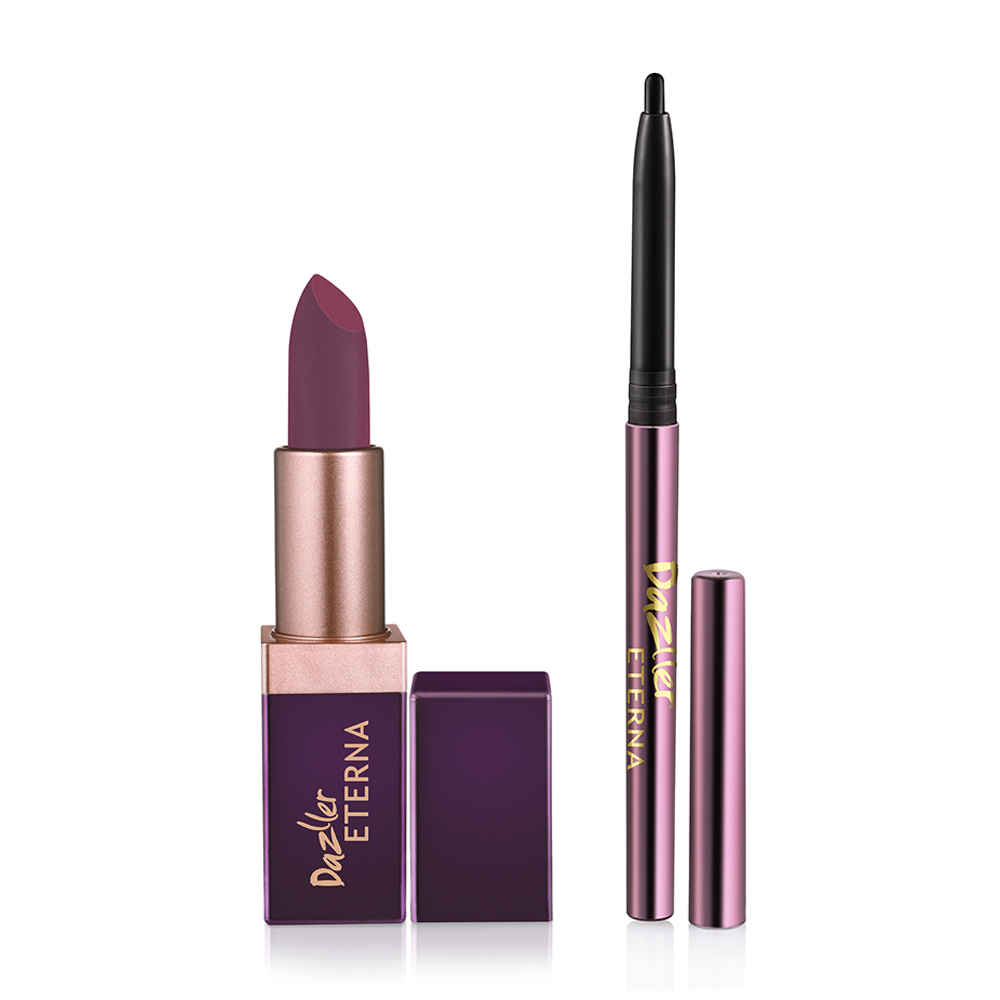 Buy Dazller Eterna Lip Eleganz Lipstick (Matte) 4g + Kajal Supreme Max Herbal 0.35g | Infused with Herbals | Smudge-proof | M1021 (Penny) - Purplle