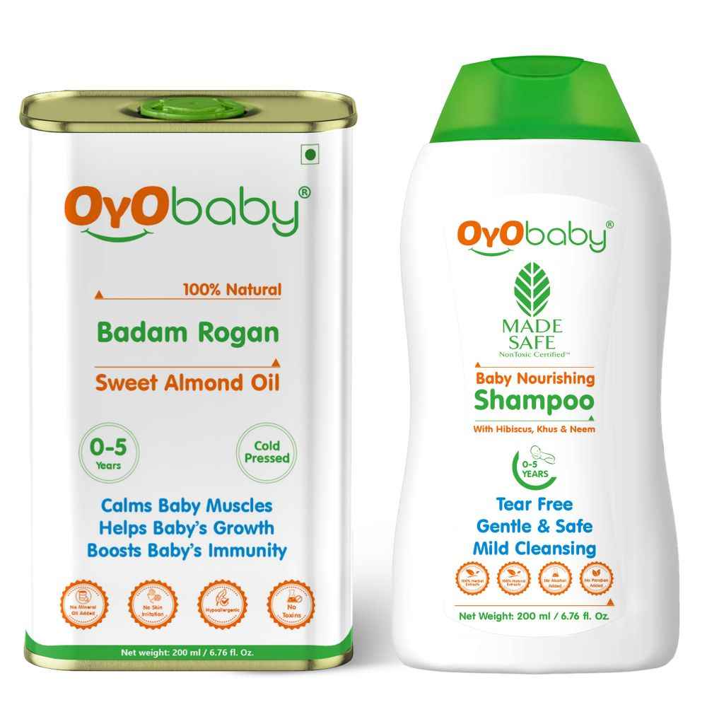 Buy OYO BABY® New Born Combo Baby Shampoo for Newborn Babies Badam Tel 100% Pure Sweet Almond oil 200ml each - Purplle