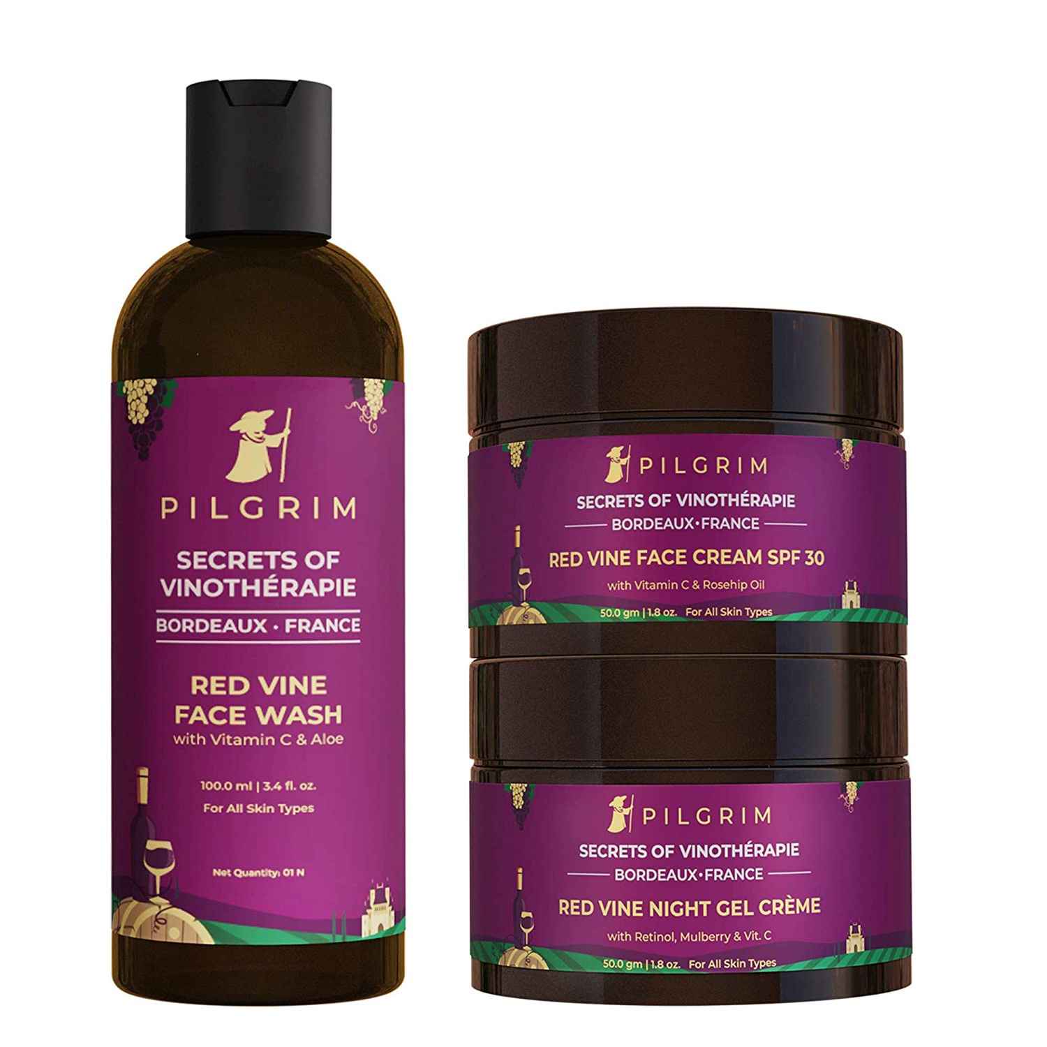Buy Pilgrim Red Vine AM PM Face Care Kit, Volcanic Lava Ash Face Wash 100 ml, Face Cream SPF 50 50 gm, & Night Gel Creme 50 gm, Anti-Ageing, De-Pi gmentation, Skin Repair, All Skin Types, Men & Women - Purplle