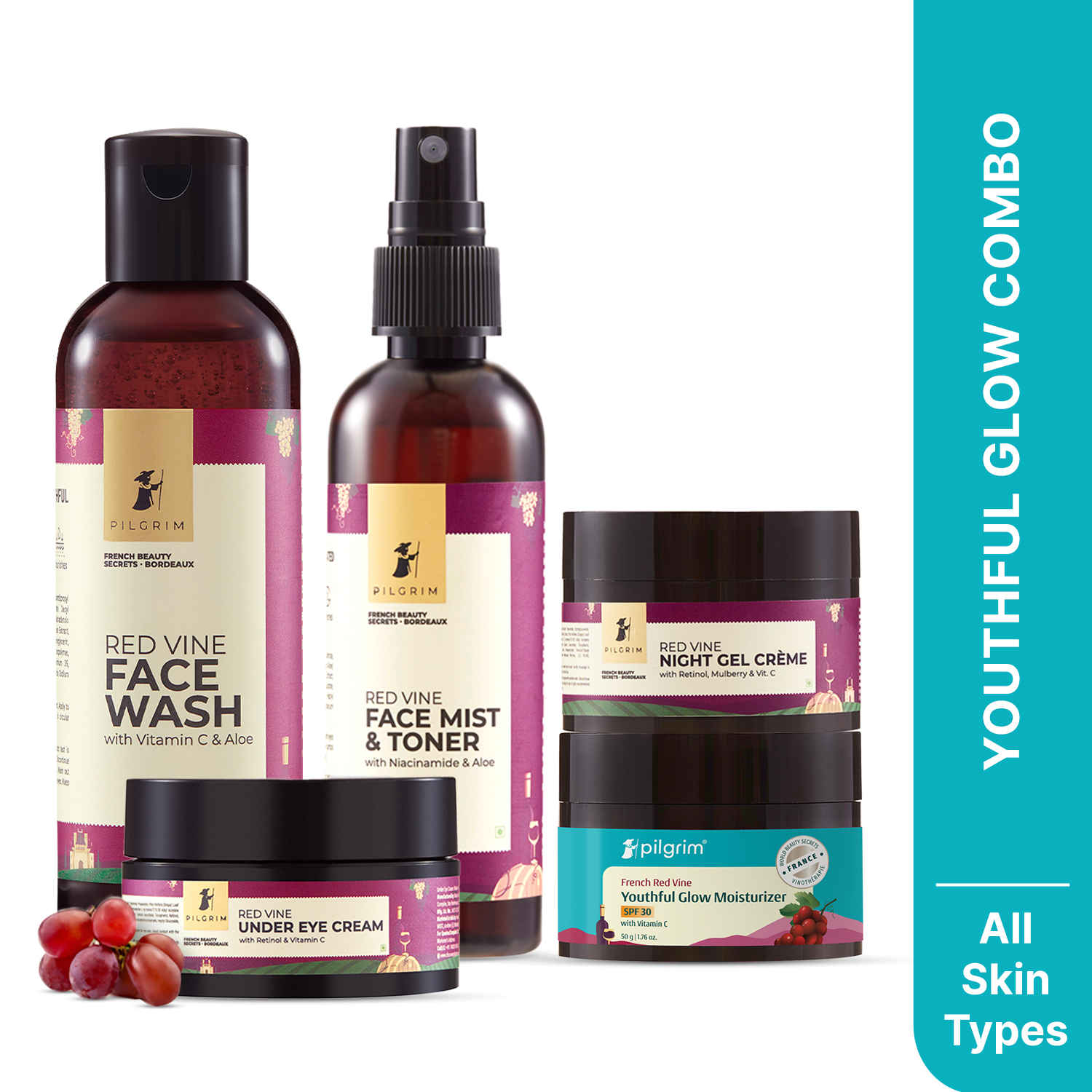 Buy Pilgrim Red Vine Must-Have Skincare Combo of 5 for Men & Women|Face Wash 100 ml, Face Mist & Toner 100 ml, Day Cream SPF 30 50 gm, Night Cream 50 gm,Under Eye Cream 30 gm|Red Vine Extract|5 Steps Skincare Kit - Purplle