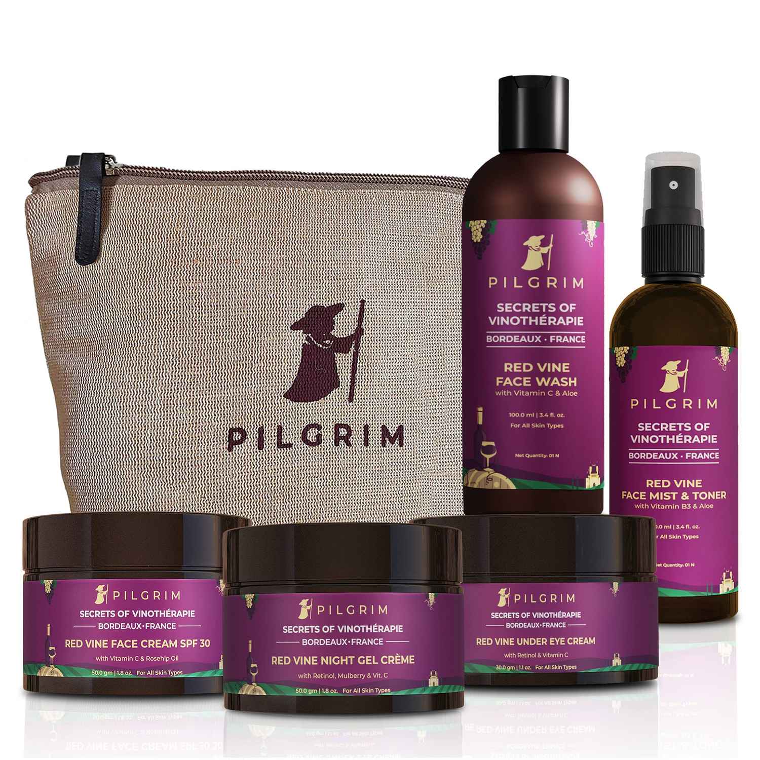Buy Pilgrim Vino Must-Have Skincare Combo | Nourish & Repair | Red Vine Extract Face Wash 100 ml, Face Mist & Toner 100 ml,Day Cream SPF 30 50g Night Cream 50 gm,Under Eye Cream 30 gm | Men & Women - Purplle