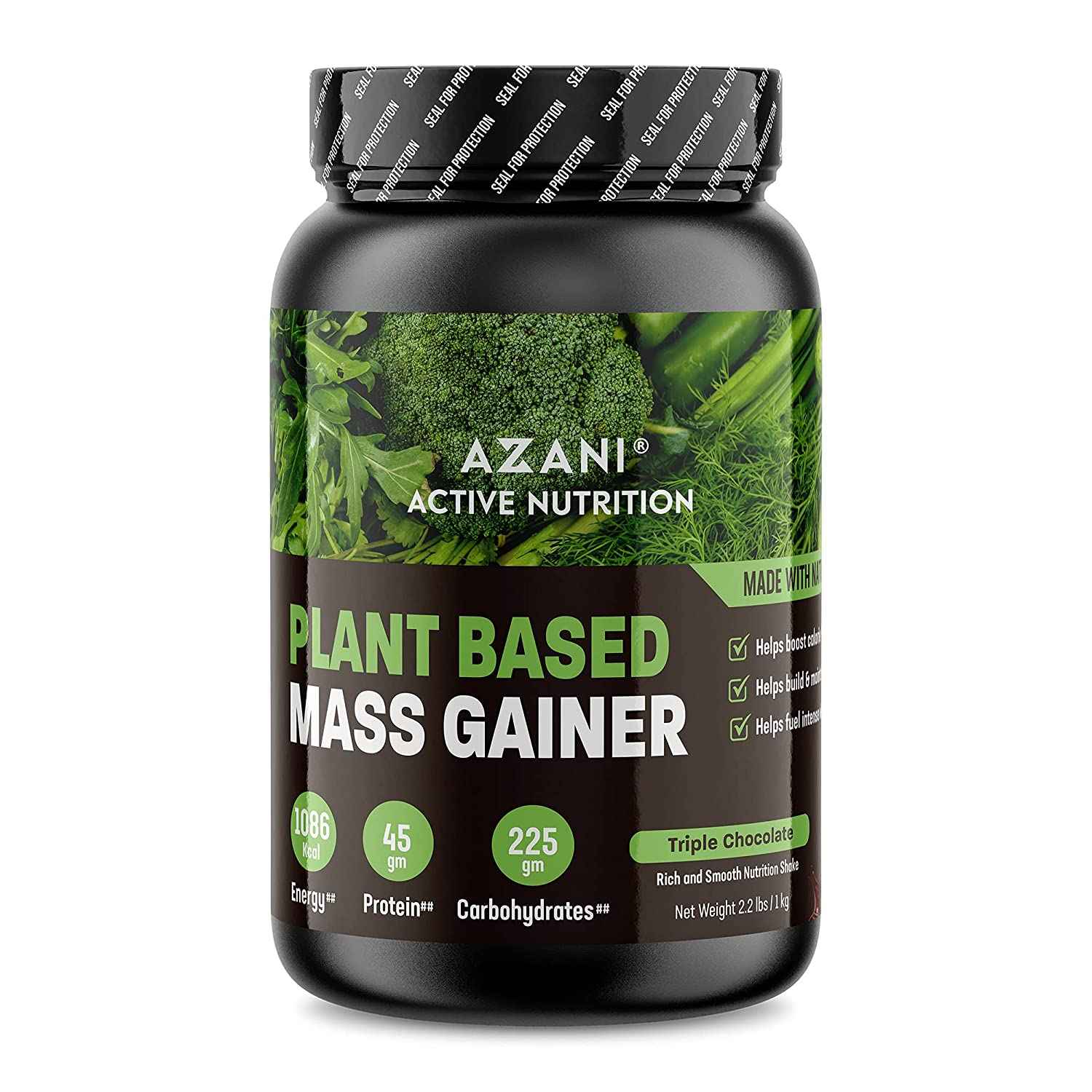 Buy Azani Active Nutrition Plant Mass Gainer 1kg | 1083 Kcal, 45g Vegan Protein, 225g Carbohydrates, 0.5g Chlorella, 0.3g Ashwagandha | Intense Muscle Recovery, Weight Gainer, No Bloating-Natural - Purplle