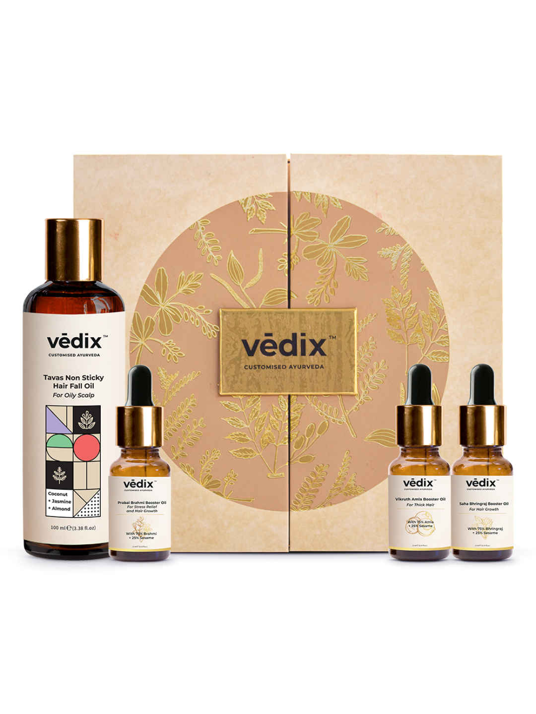 Buy Vedix Base+Booster Oil Combo For Hair Fall | Tavas For Oily Scalp | Customised Ayurvedic Hair Fall Oil | 4 Product Kit - 1 Base Oil + 3 Booster Oils (Amla, Bhringraj, Brahmi) - Purplle