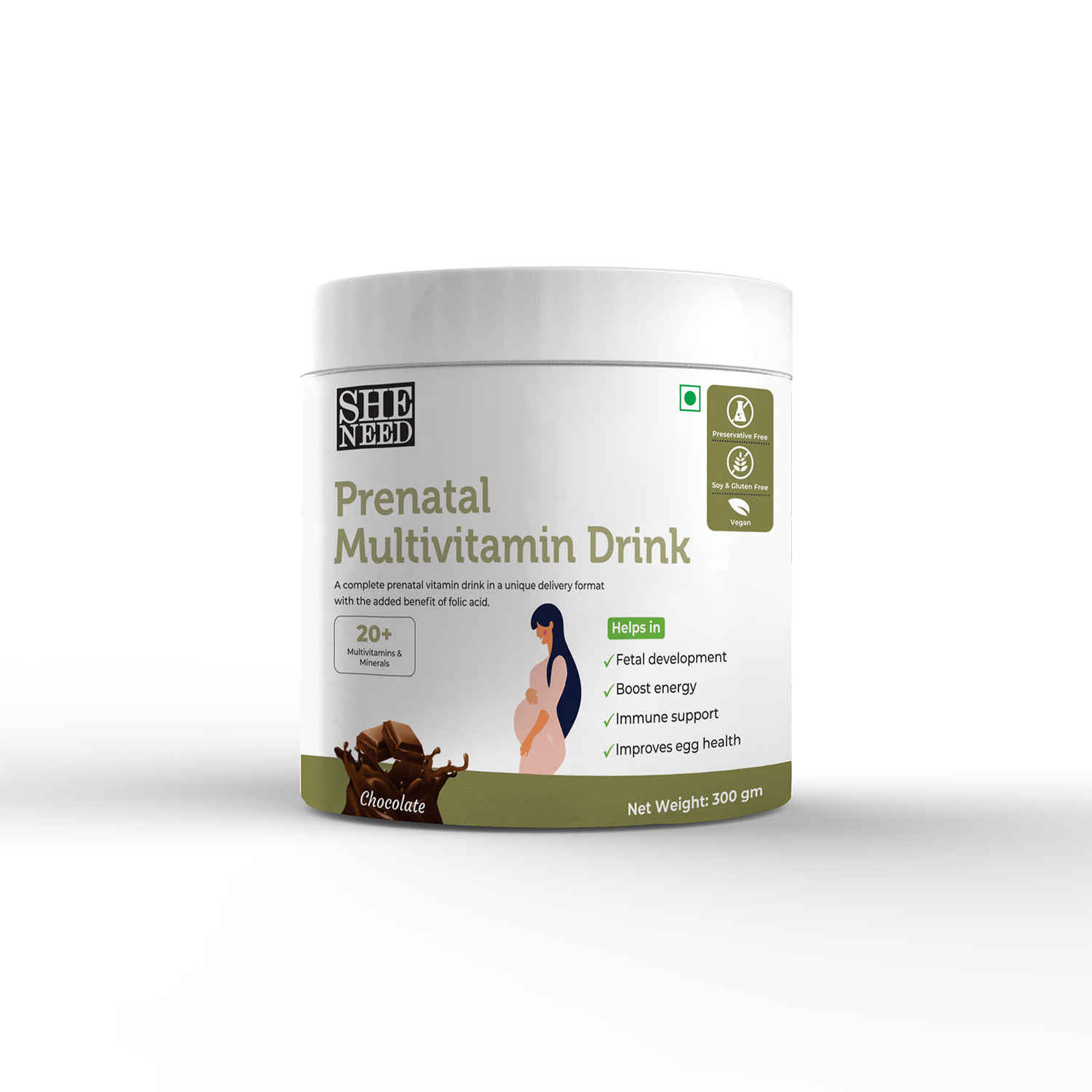 Buy SheNeed Prenatal Multivitamin Drink For Women With 22+ Essential Nutrients With Folic Acid, Calcium, Iron For Baby's Health, Energy, Digestion, Hormonal Balance, Skin & Hair Vegan a€“ 300 gm - Purplle