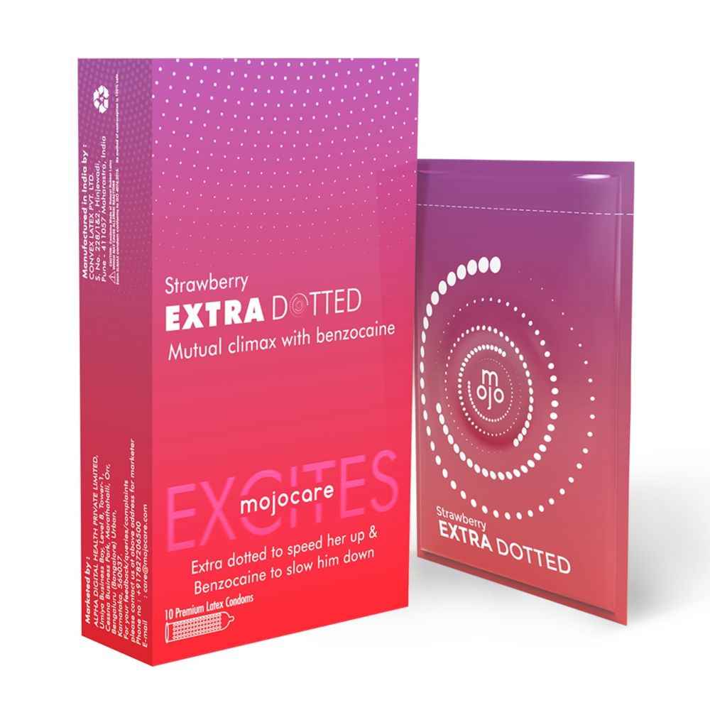 Buy Mojocare Excites Extra Dotted Condoms - Strawberry Flavoured - 10pc | With Benzocaine for Long Lasting Pleasure - Purplle