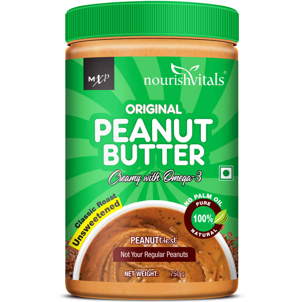 Buy NourishVitals Original Peanut Butter (Creamy) with Omega 3 Flaxseed, Classic Roast, Unsweetened, 100% Natural, No Added Sugar, Salt or Oils (750 g) - Purplle