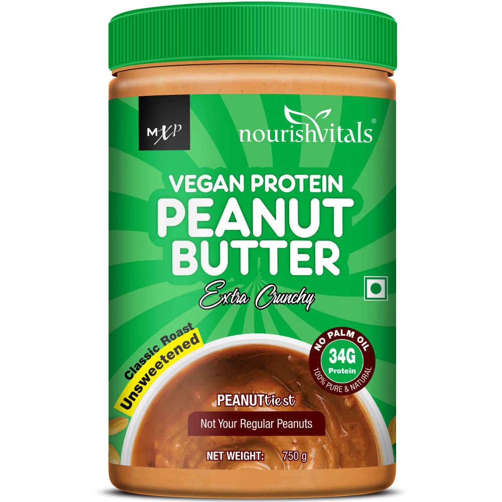 Buy NourishVitals Vegan High Protein Peanut Butter (Extra Crunchy), 34g Protein, Classic Roast, Unsweetened, 100% Natural, No Added Sugar, Salt or Oils (750 g) - Purplle